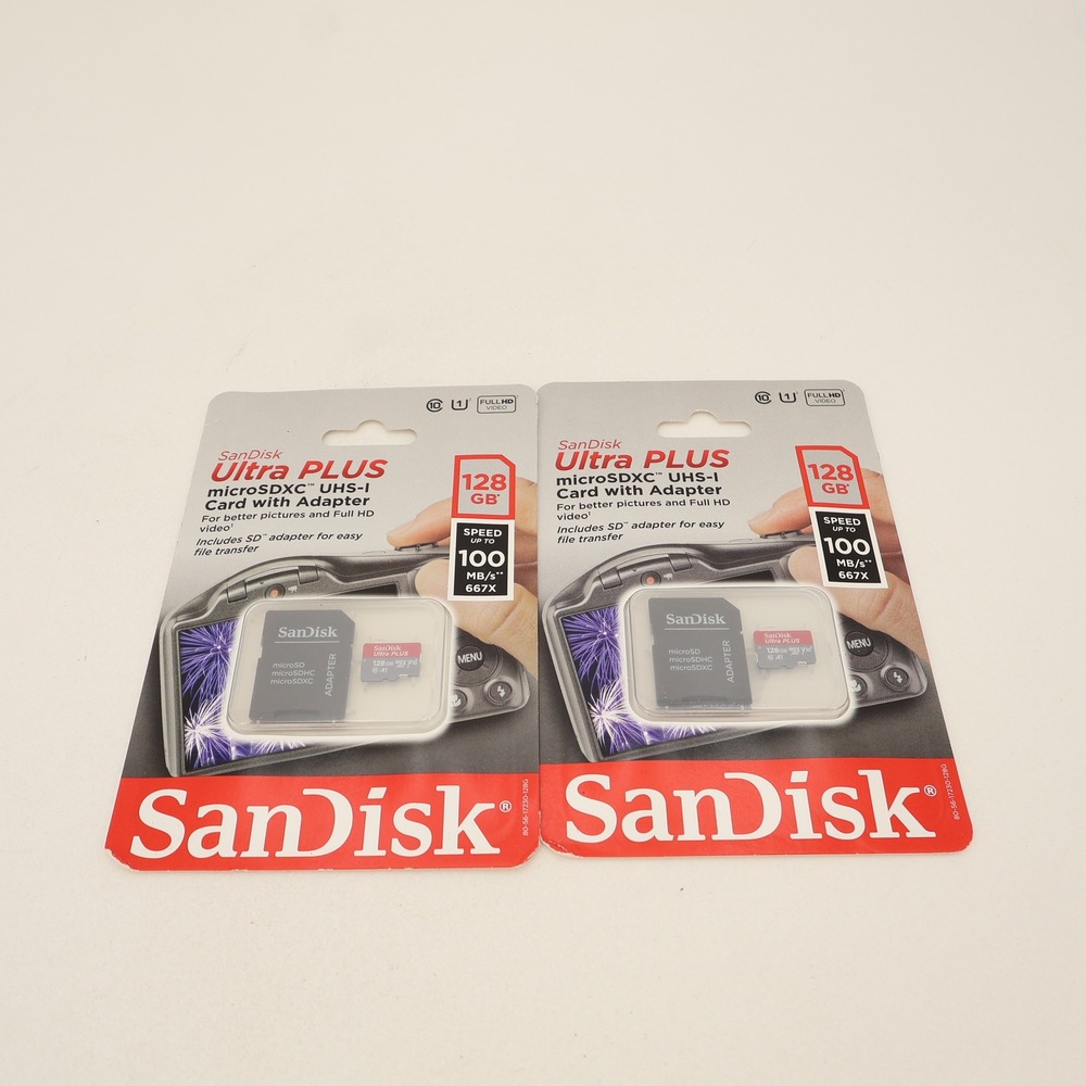 2 Pack SanDisk Ultra PLUS 128GB microSDXC UHS-I Cards Adapters SDSQUSC-128G